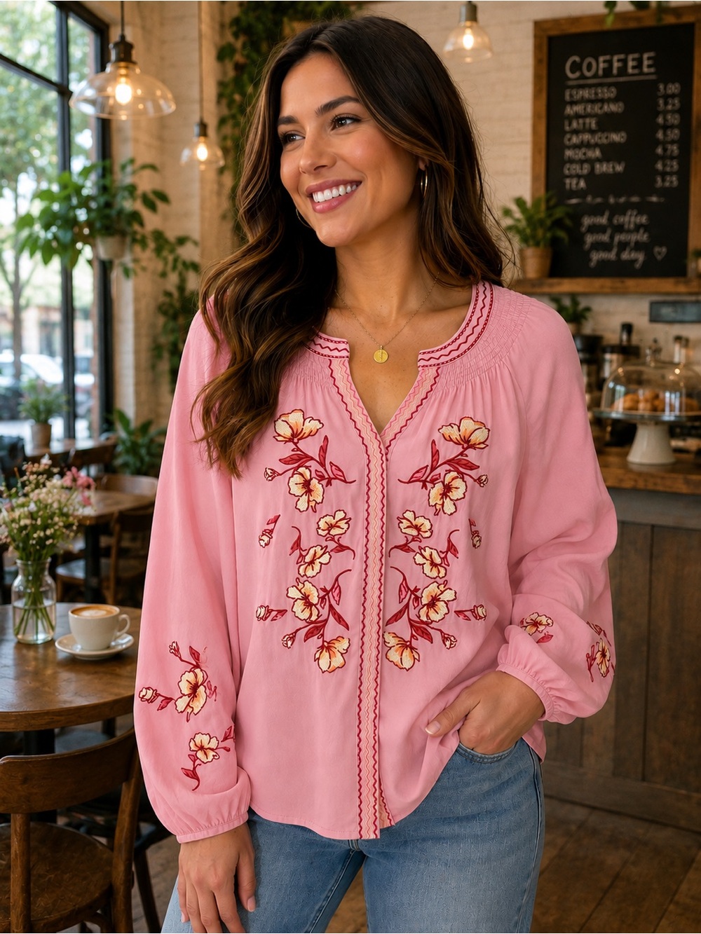 Embroidered Pink Peasant Blouse with Floral Detail 🌸NEW - Picture 1 of 6
